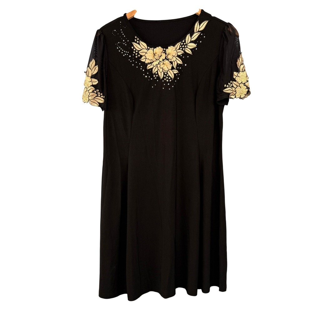 Black Cocktail Dress Womens Large Floral Gold Embroidered Rhinestone Mesh Sleeve